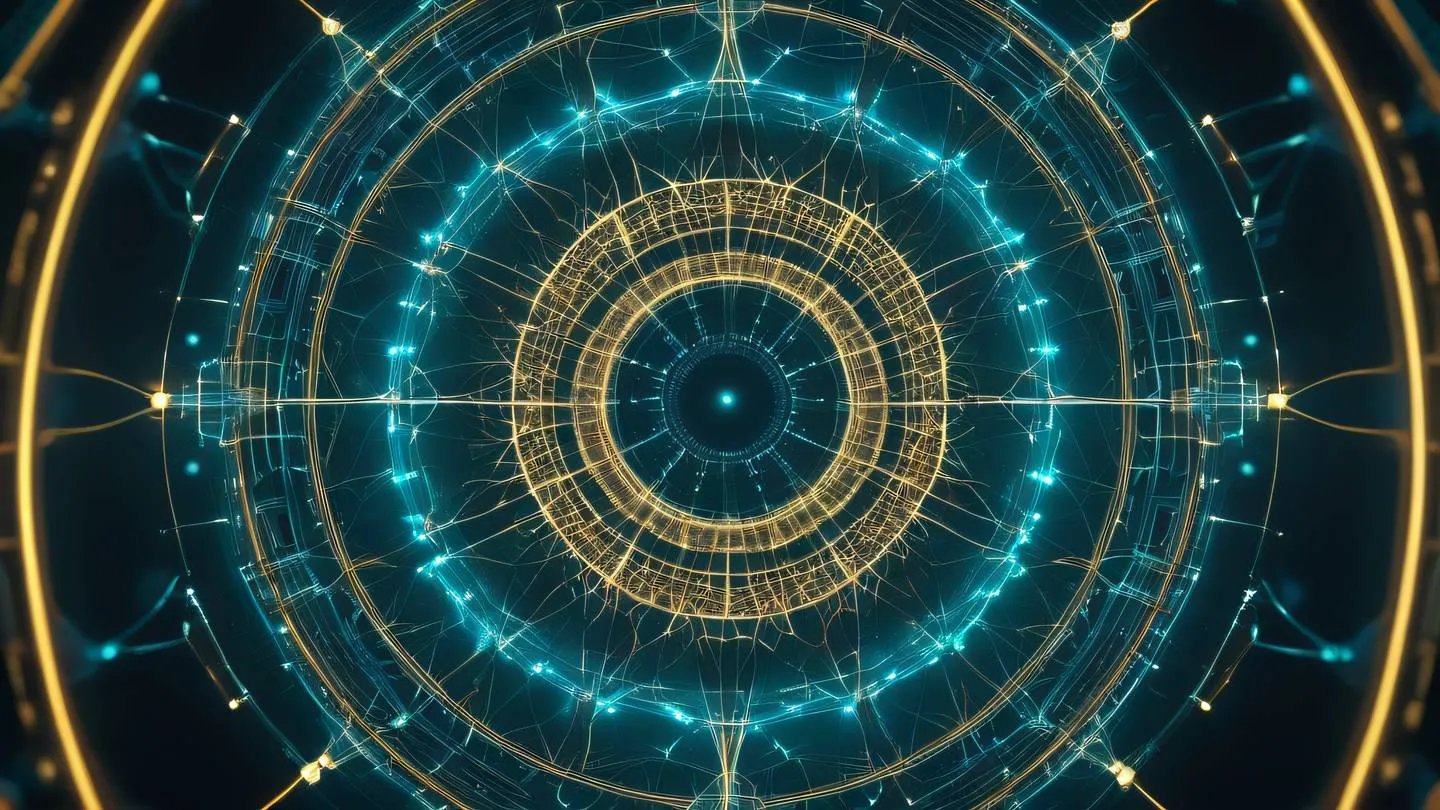 Abstract visualization of interconnected geometric nodes and pathways flowing in a circular pattern with bright cyan and gold energy streams weaving between crystalline structures ultra-realistic cinematic 8K UHD high resolution sharp and detail