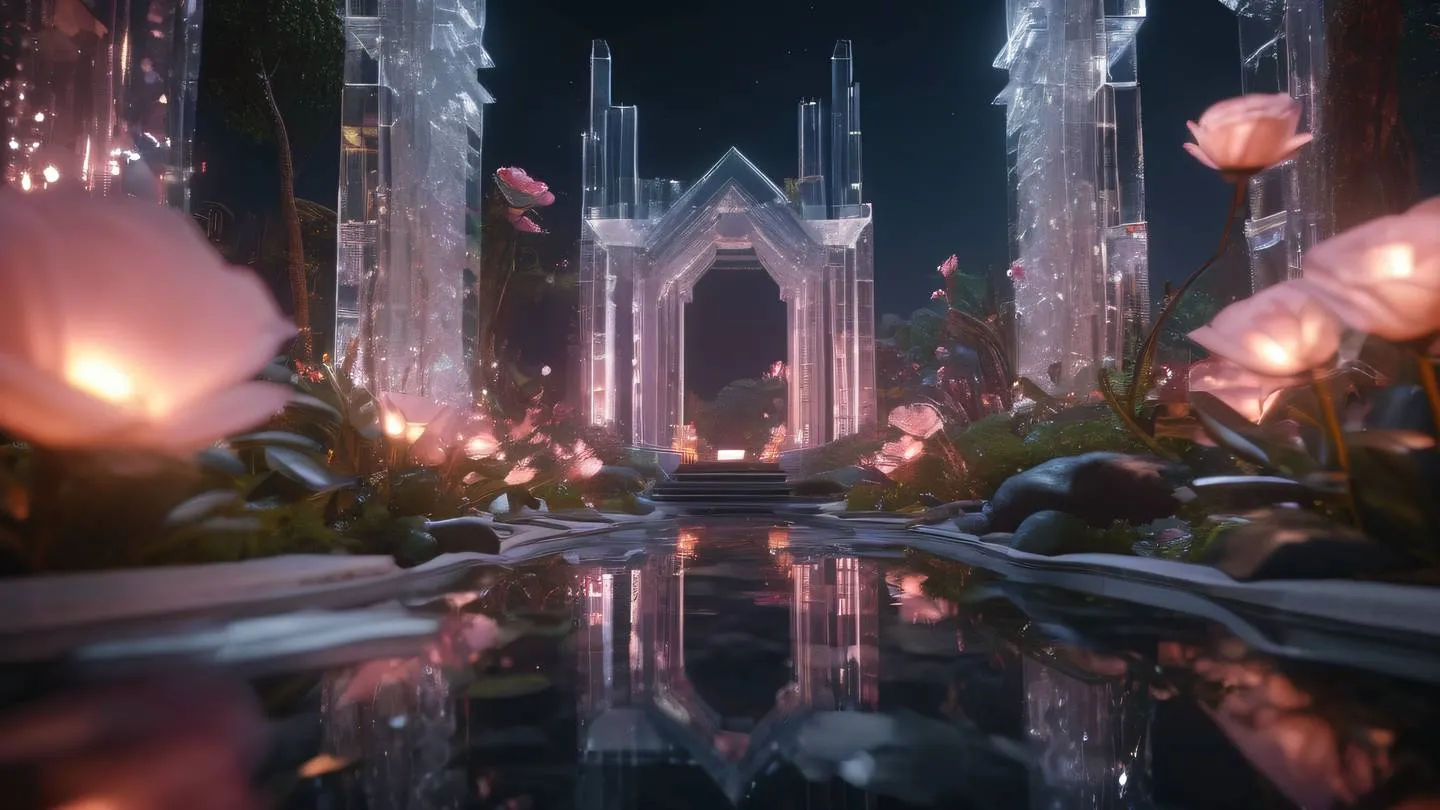 Crystal garden with interconnected geometric formations glowing with rose and stone colored internal light energy pathways flowing between structures high-quality ultra-realistic cinematic 8K UHD sharp and detail