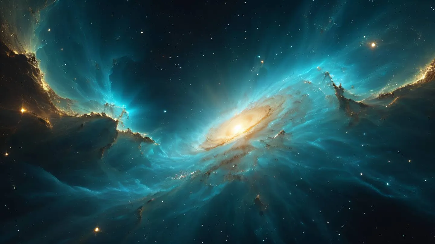 Space nebula with swirling streams of cyan and gold energy crystalline formations floating in space casting prismatic light high-quality ultra-realistic cinematic 8K UHD high resolution sharp and detail