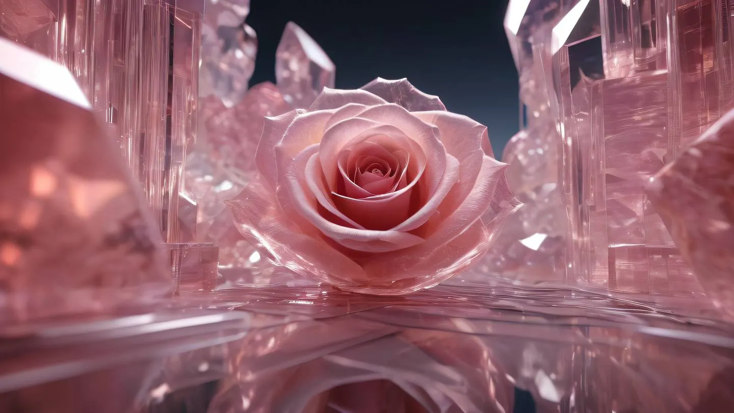 Abstract geometric crystalline structure with flowing pathways of rose and stone colored light energy streams weaving through transparent layers ultra-realistic cinematic 8K UHD high resolution sharp and detail