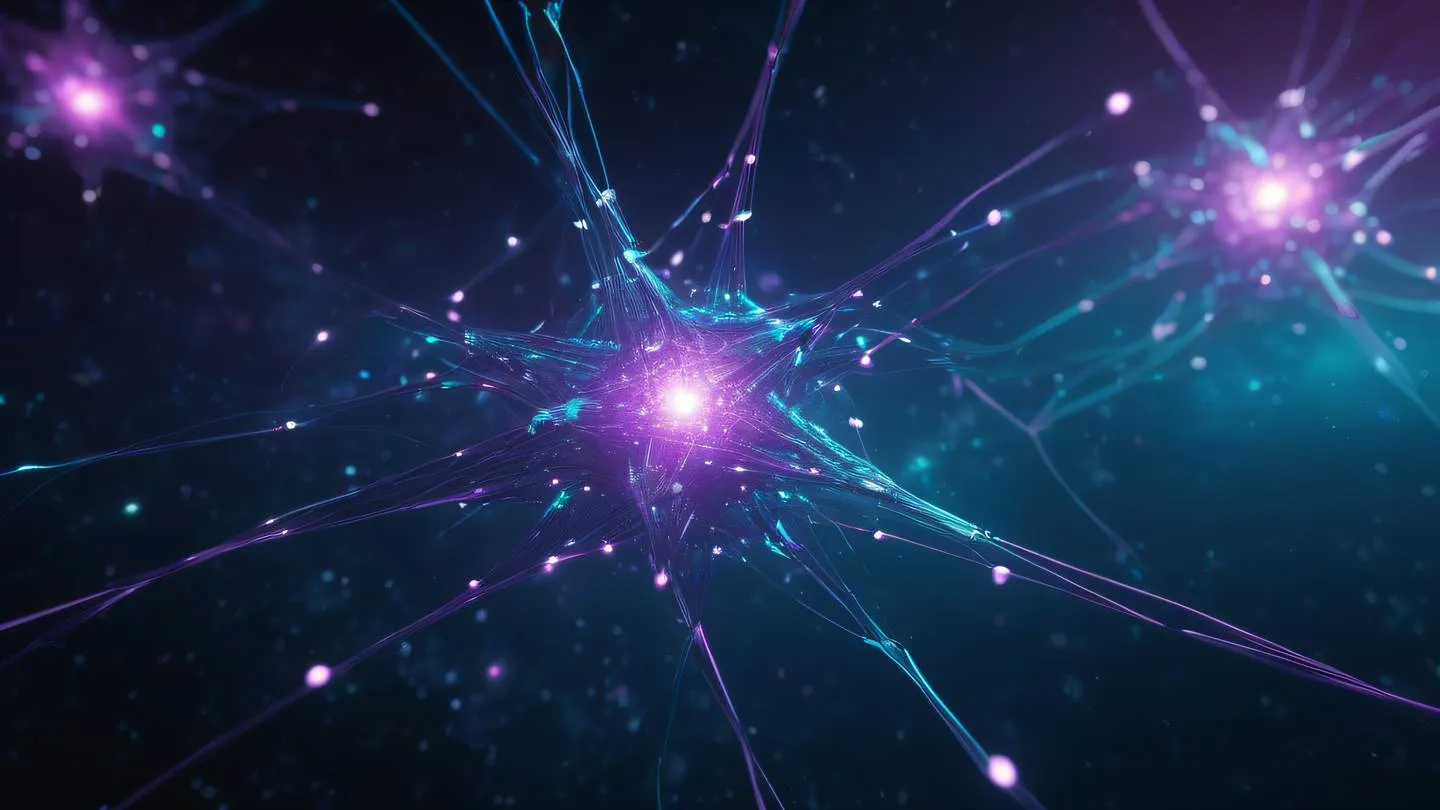 A futuristic network of glowing purple and teal interconnected nodes floating in space with energy streams flowing between connection points ultra-realistic cinematic 8K UHD high resolution sharp and detailed