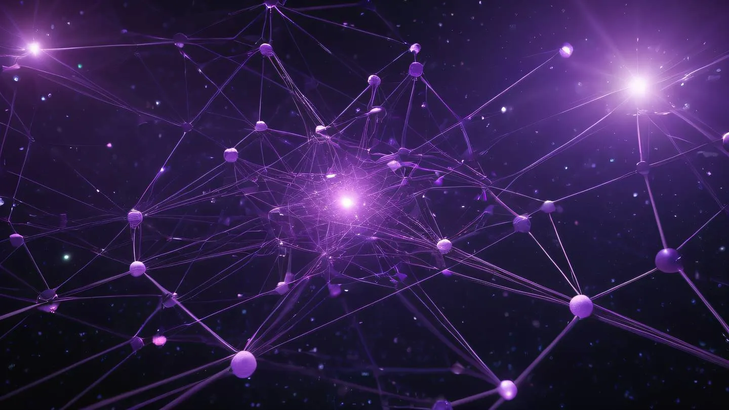 Geometric purple and stone-colored data nodes forming a complex network structure in deep space with bright energy pathways connecting various points high-quality ultra-realistic cinematic 8K UHD high resolution sharp and detail