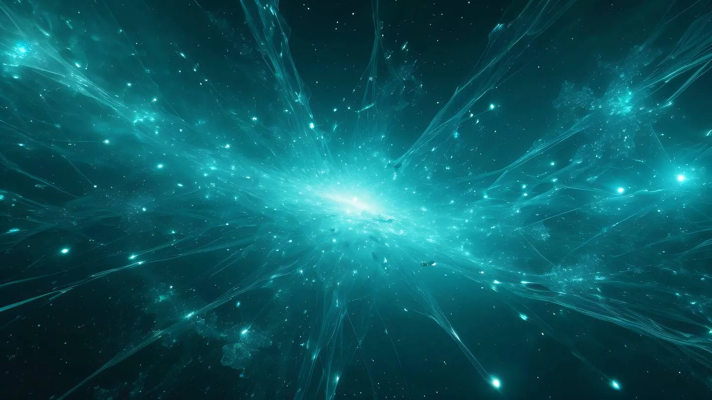 A complex network of bright teal and holographic crystalline structures floating in a nebula with energy pulses traveling through transparent pathways high-quality ultra-realistic cinematic 8K UHD high resolution sharp and detail