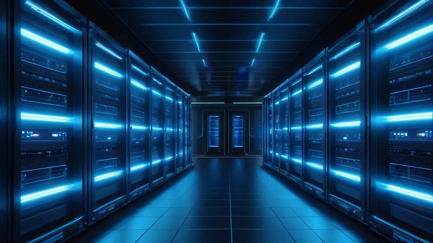 A futuristic server room with glowing blue neon lights multiple server racks arranged in symmetrical patterns reflecting metallic surfaces cool ambient lighting ultra-realistic cinematic 8K UHD high resolution sharp and detail