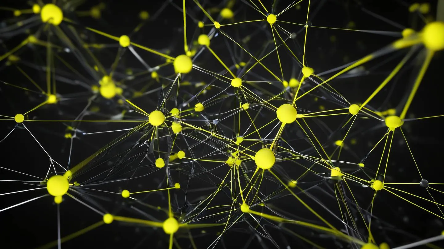 Abstract visualization of interconnected nodes forming a network pattern bright neon yellow and silver connections against dark background geometric shapes flowing with energy high-quality ultra-realistic cinematic 8K UHD high resolution sharp and detail