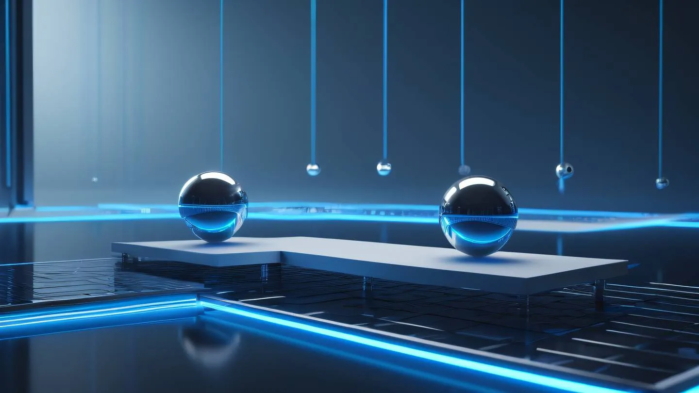 Geometric abstract representation of load balancing multiple silver spheres connected by bright neon blue lines balanced on floating platforms high-quality ultra-realistic cinematic 8K UHD high resolution sharp and detail