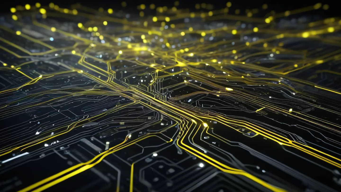 A complex network of interconnected circuits and pathways glowing with bright yellow and silver energy flows against a dark background representing data processing high-quality ultra-realistic cinematic 8K UHD high resolution sharp and detail