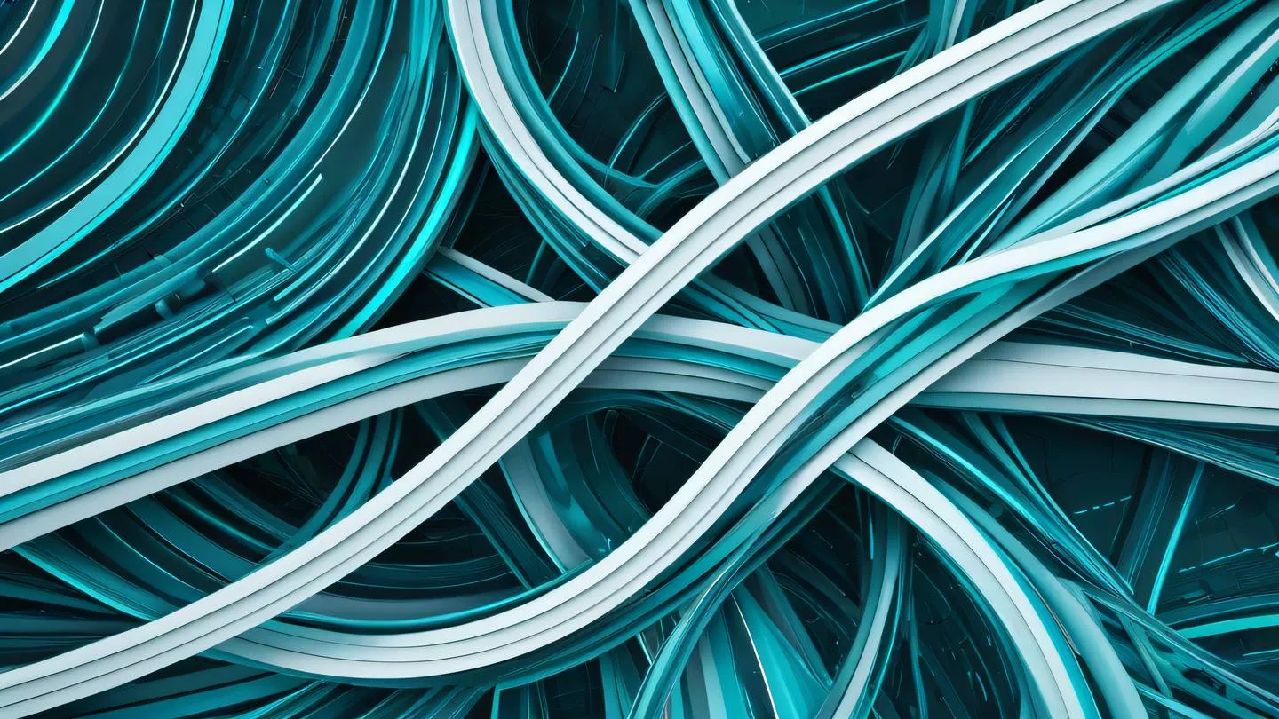 A modern abstract geometric composition featuring interwoven curved lines and shapes representing network traffic flow. Colors: Dominant turquoise blue with accents of white and light grey. Shot from top-down perspective ultra-realistic cinematic 8K UHD high resolution sharp and detailed