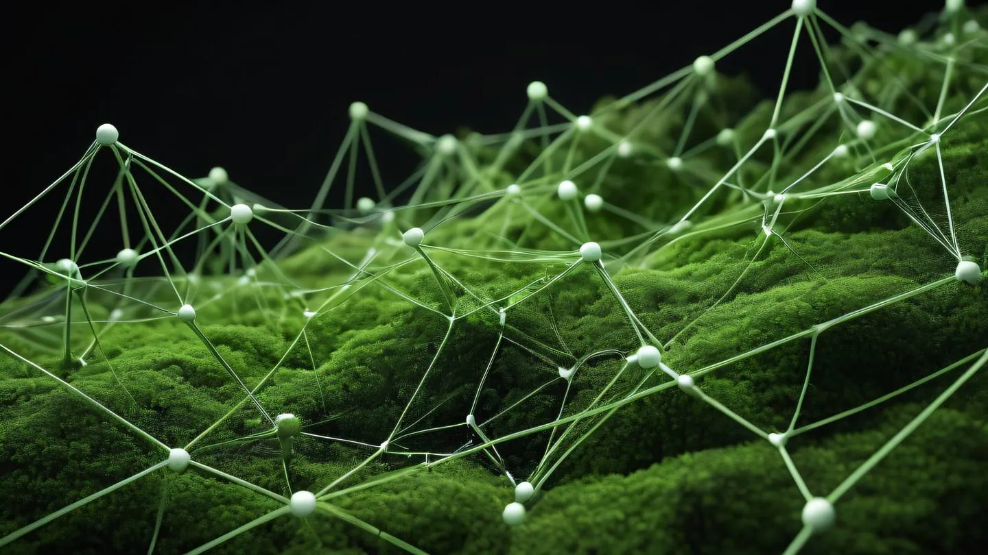 Abstract flowing network of interconnected nodes represented by geometric shapes and lines. Colors: Fresh moss green with subtle white highlights against a dark background. Shot from a 45-degree angle high-quality ultra-realistic cinematic 8K UHD high resolution sharp and detailed