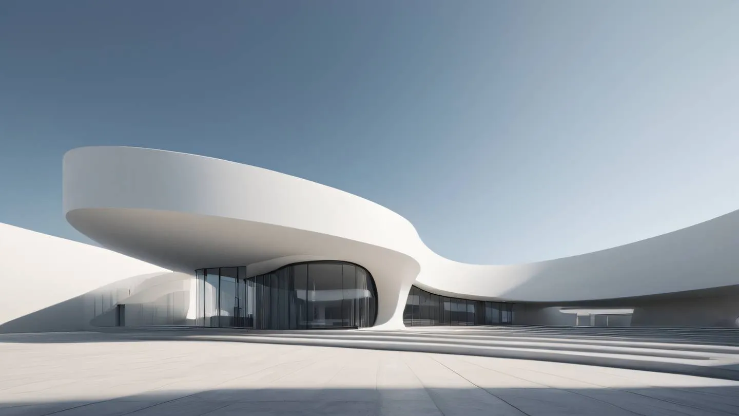 A clean minimalist architectural structure with flowing curves and intersecting planes symbolizing efficient system design. Colors: Neutral greys and whites with subtle shadows. Shot from a low angle perspective high-quality ultra-realistic cinematic 8K UHD high resolution sharp and detailed