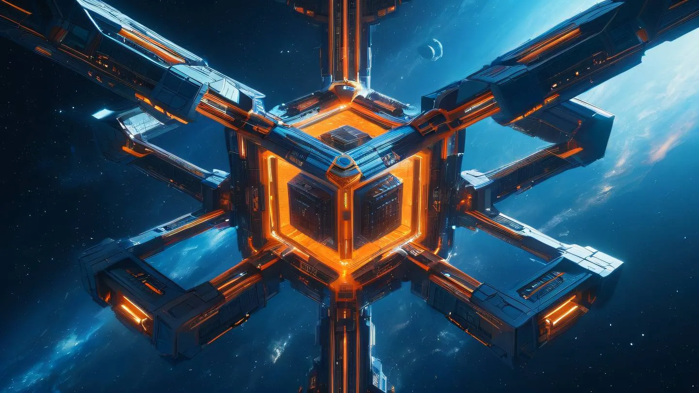 A futuristic abstract architectural structure with interconnected geometric shapes floating in space predominantly in bright blue and orange tones ultra-realistic cinematic 8K UHD high resolution sharp and detailed