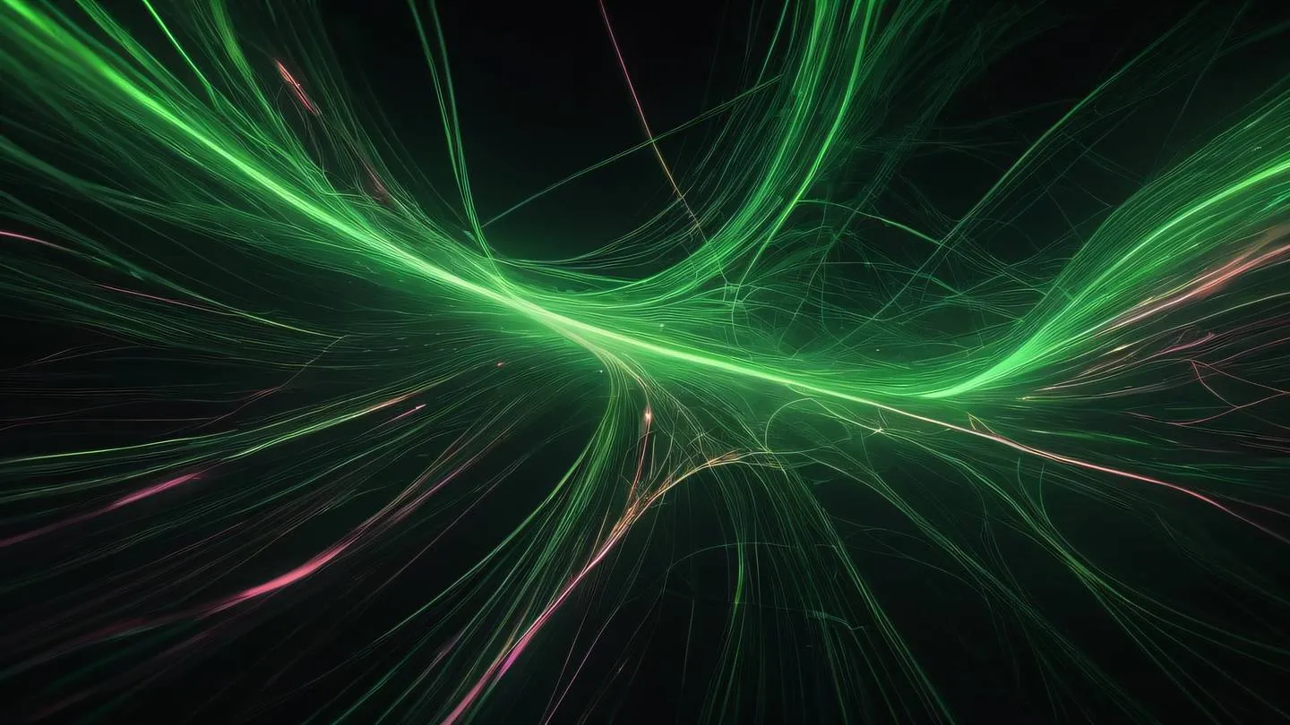 Abstract visualization of energy flow patterns with interweaving streams of bright green and rose colors against a dark background resembling neural networks high-quality ultra-realistic cinematic 8K UHD high resolution sharp and detailed