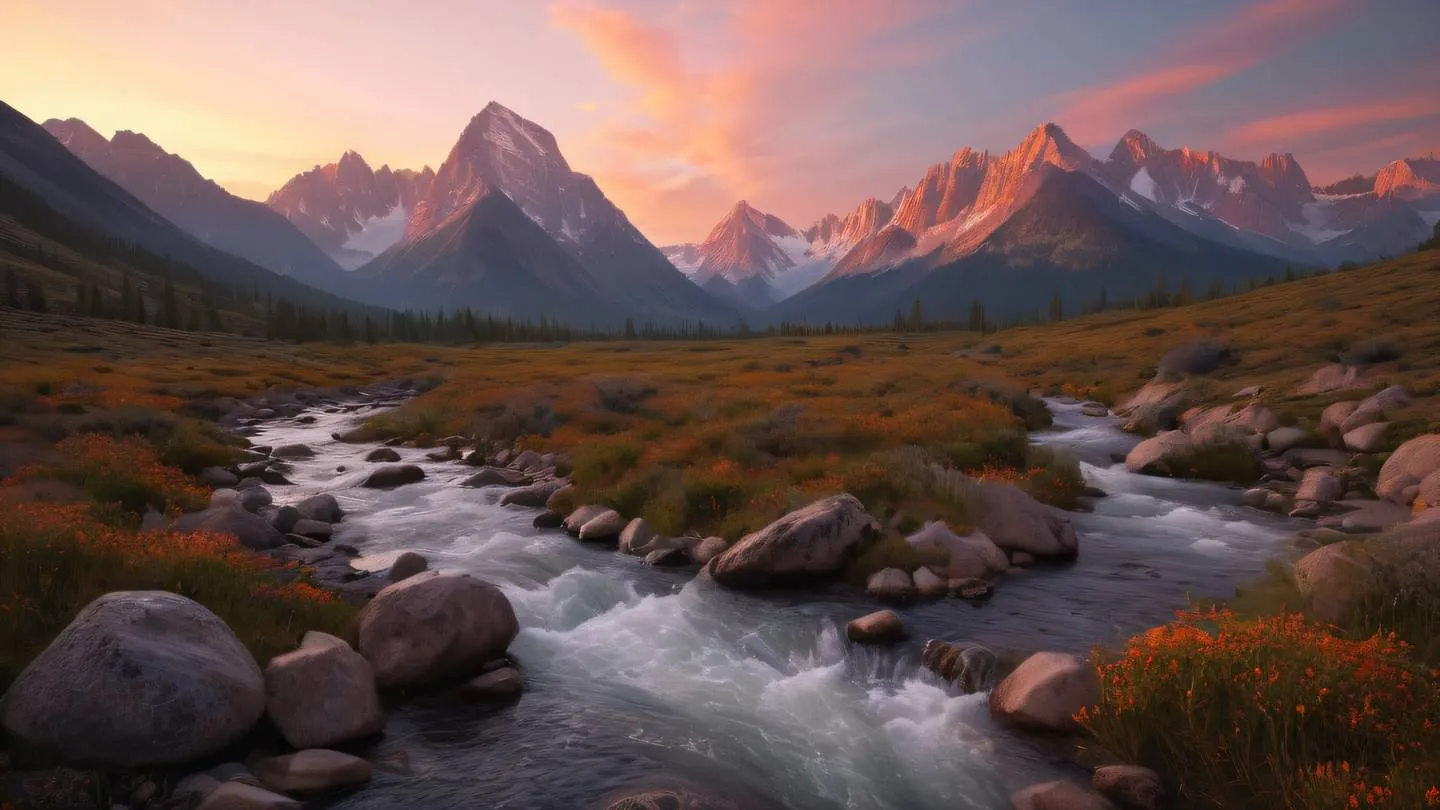 Rocky mountain peaks with flowing streams of water illuminated by bright orange and rose-colored sunset light creating a natural network pattern high-quality ultra-realistic cinematic 8K UHD high resolution sharp and detailed