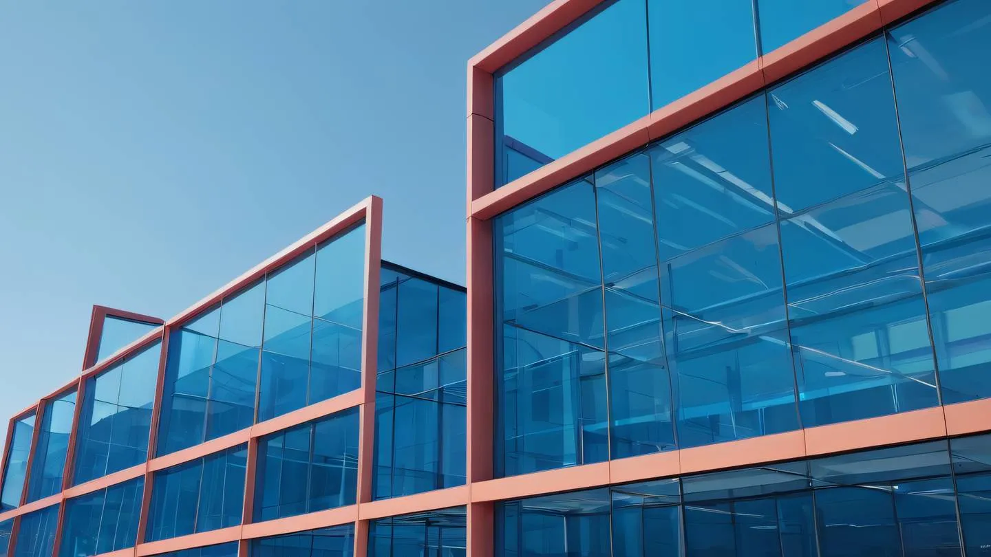 Modern minimalist architecture with geometric patterns casting shadows featuring bright blue glass elements and rose-colored metal structures against a clear sky high-quality ultra-realistic cinematic 8K UHD high resolution sharp and detailed