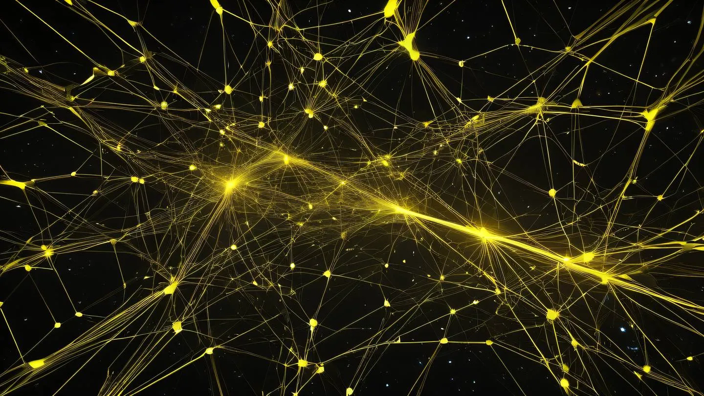 A futuristic abstract network of glowing data streams forming an interconnected web colors: bright canary yellow streams against deep black background floating in space ultra-realistic cinematic lighting 8K UHD high resolution sharp and detail camera angle: wide shot from above looking down