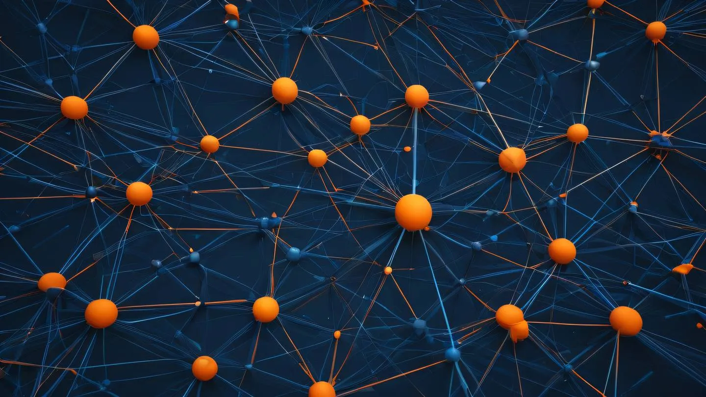 A minimalist abstract representation of interconnected network nodes featuring flowing lines and geometric shapes in bright orange stone blue and navy colors shot from top-down perspective high-quality ultra-realistic cinematic 8K UHD high resolution sharp and detail