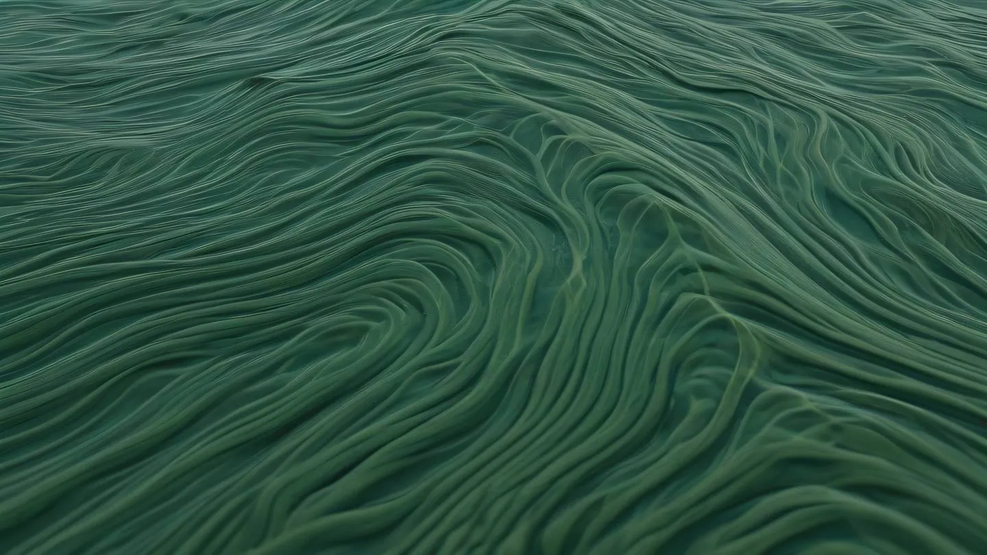 Abstract fluid motion of interweaving streams in October mist and seaweed green colors captured from a diagonal perspective featuring natural flow patterns high-quality ultra-realistic cinematic 8K UHD high resolution sharp and detail