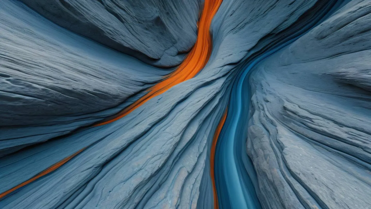 Dynamic abstract composition of flowing elements in stone blue and orange colors viewed from a bird's eye perspective showcasing natural movement and energy high-quality ultra-realistic cinematic 8K UHD high resolution sharp and detail