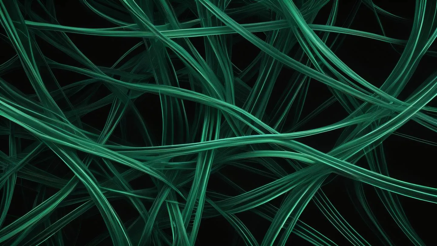 A serene abstract representation of network connections featuring interweaving translucent emerald ribbons flowing against a pure black background captured from a top-down perspective high-quality ultra-realistic cinematic 8K UHD high resolution sharp and detail