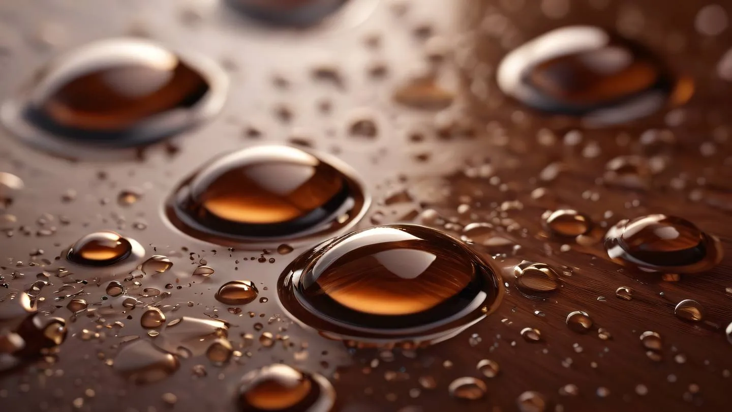 Abstract macro photography of water droplets on a glossy surface rich brown and mahogany with cream colors creating natural patterns shot from a 45-degree angle high-quality ultra-realistic cinematic 8K UHD high resolution sharp and detail