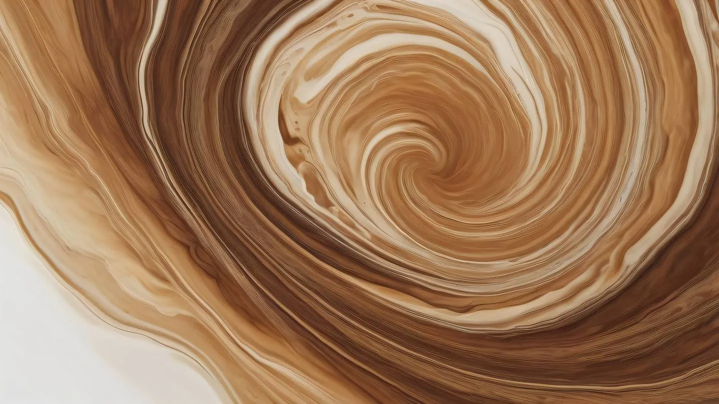 Dynamic fluid art composition with swirling umber walnut and iron colors against a light background photographed from a birds-eye view high-quality ultra-realistic cinematic 8K UHD high resolution sharp and detail