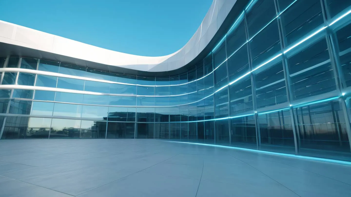 A futuristic abstract data center building with flowing lines and curves featuring glass and steel architecture against a clear sky. Colors: bright cyan metallic silver and whisper white. Shot from a dramatic low angle perspective ultra-realistic cinematic 8K UHD high resolution sharp and detail