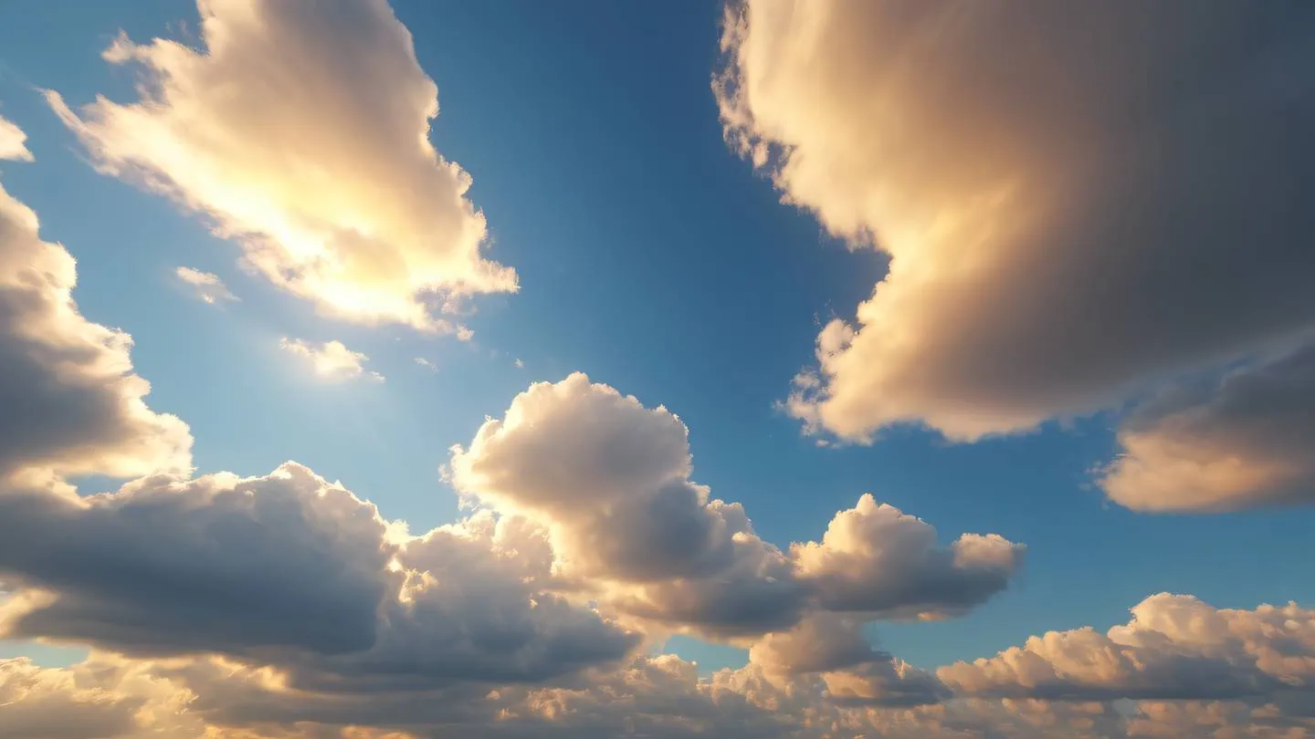 Smooth flowing clouds in a serene sky formation with gentle curves resembling data streams. Colors: sun-washed brick orange warm golden yellows and breezeway blue. Shot from a bottom-up perspective high-quality ultra-realistic cinematic 8K UHD high resolution sharp and detail