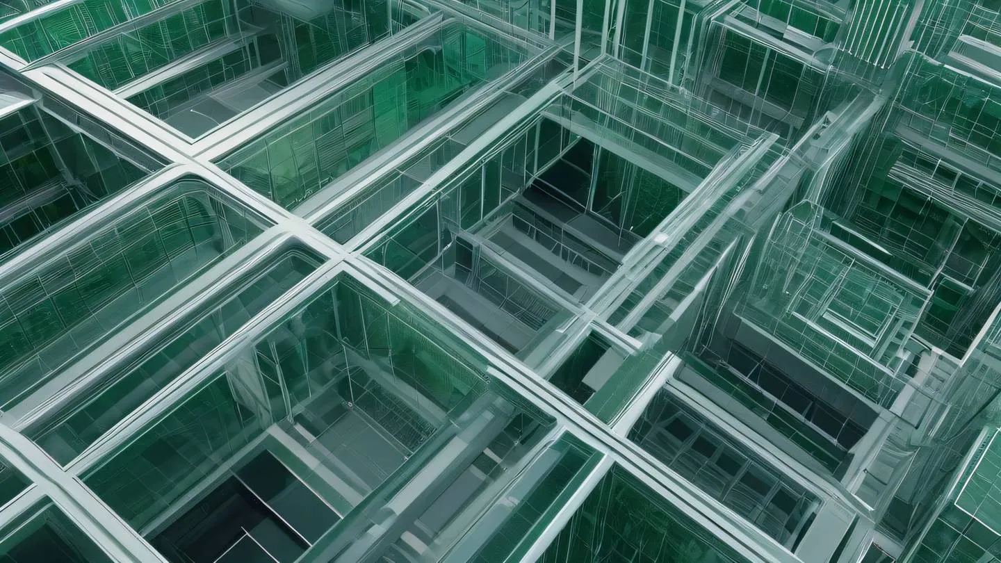 Abstract architectural shapes representing API endpoints with interconnected geometric patterns. Colors: etched glass green metallic greys and crisp white. Shot from an abstract aerial perspective high-quality ultra-realistic cinematic 8K UHD high resolution sharp and detail