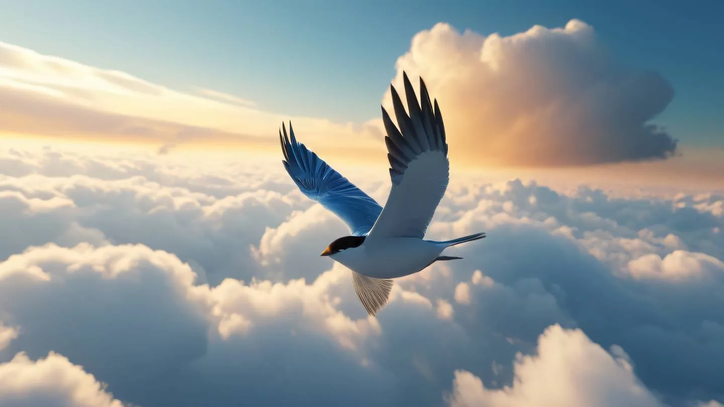 A minimalist bird soaring through geometric cloud formations representing freedom and connectivity. Colors: breezeway blue warm amber and crisp white. Shot from a dynamic side angle perspective high-quality ultra-realistic cinematic 8K UHD high resolution sharp and detail