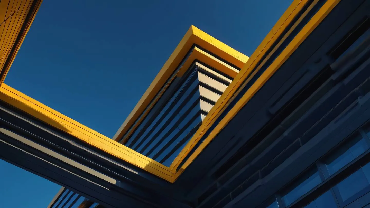 An abstract architectural composition with intersecting geometric lines and planes featuring minimalist yellow and orange gradient patterns against a deep blue background sharp diagonal lighting viewed from a low upward angle high-quality ultra-realistic cinematic 8K UHD high resolution sharp and detail