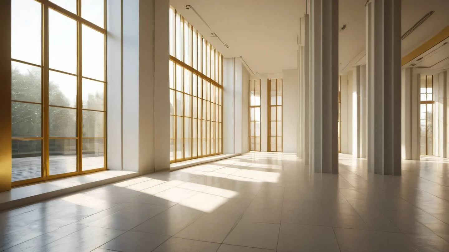 Flowing streams of light through modernist architecture windows creating natural golden rays and warm shadows across clean white surfaces captured from a wide-angle perspective high-quality ultra-realistic cinematic 8K UHD high resolution sharp and detail