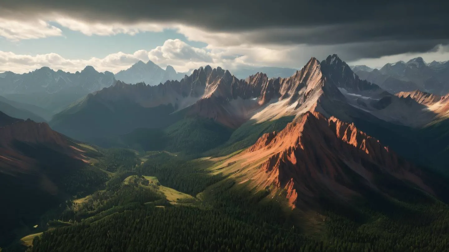 Majestic mountain peaks with rustic terracotta and forest green tones blending naturally dramatic clouds casting shadows photographed from a bird's eye view high-quality ultra-realistic cinematic 8K UHD high resolution sharp and detail