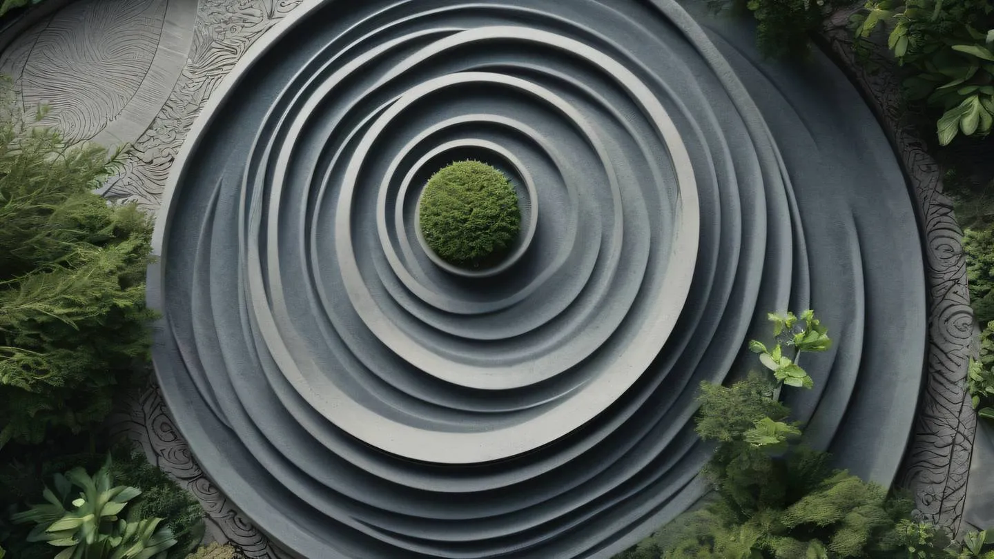 Abstract zen garden patterns with sweeping lines in zinc metallic tones featuring organic curves and geometric shapes photographed from directly above high-quality ultra-realistic cinematic 8K UHD high resolution sharp and detail