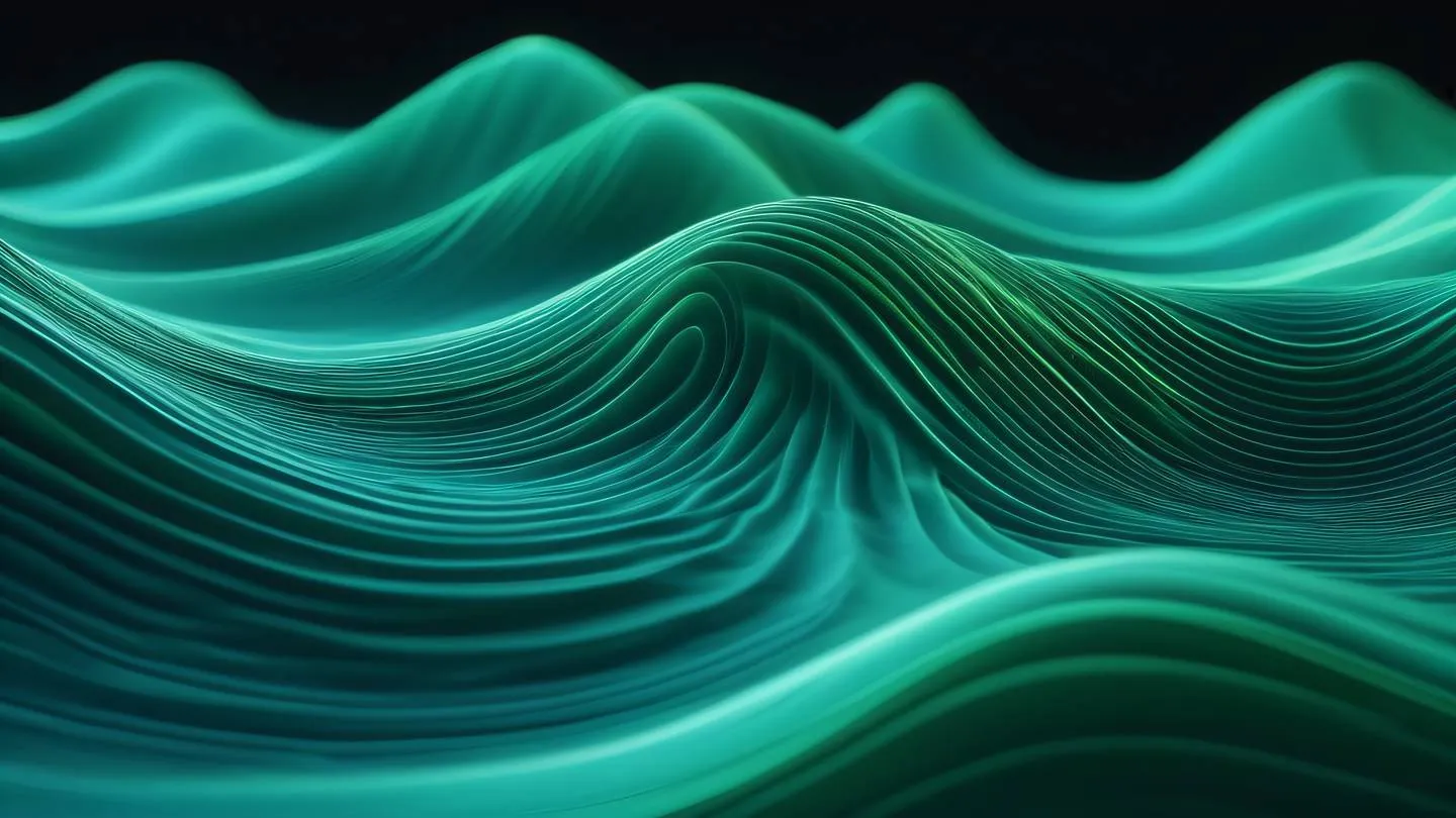 Abstract flowing waves representing data streams with gradient transitions from turquoise blue to fresh moss green captured from a side perspective with dramatic lighting high-quality ultra-realistic cinematic 8K UHD high resolution sharp and detail