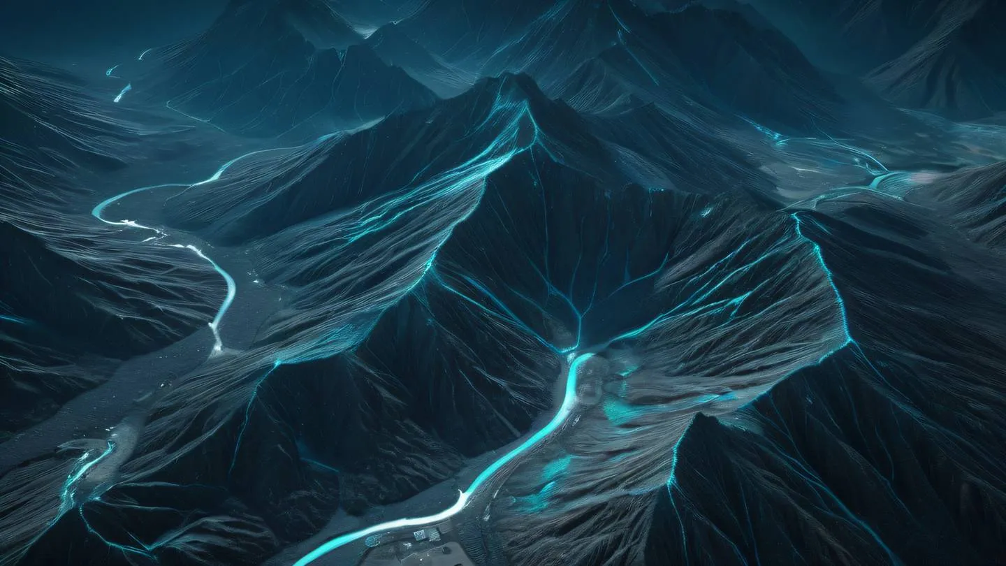 Mountain peaks with streaming data particles flowing through valleys turquoise blue highlights against dark rocky surfaces captured from a wide aerial perspective high-quality ultra-realistic cinematic 8K UHD high resolution sharp and detail