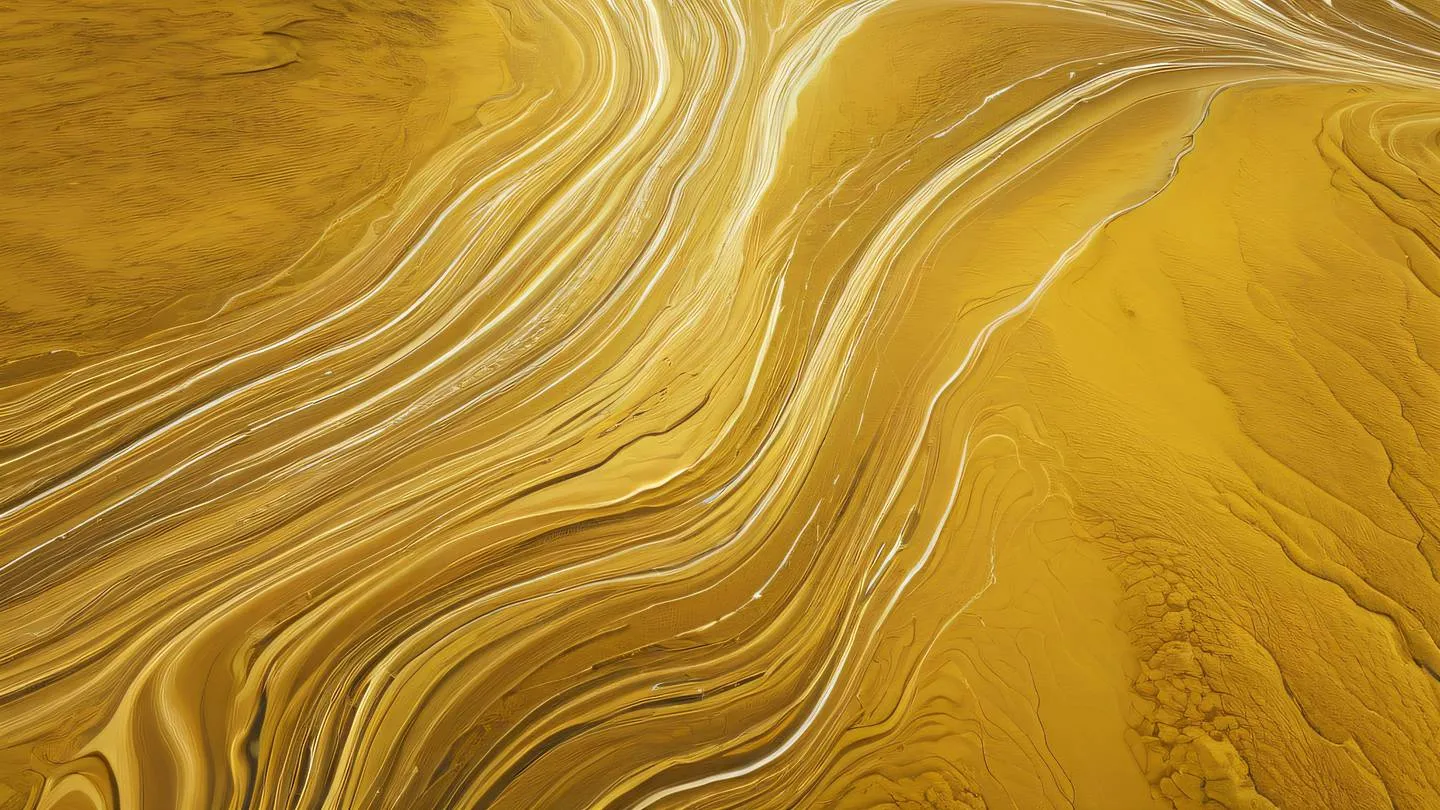 A serene abstract landscape with flowing liquid patterns in shades of yellow and gold resembling data streams merging together captured from a top-down aerial perspective high-quality ultra-realistic cinematic 8K UHD high resolution sharp and detail