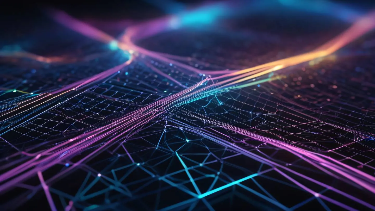 Abstract geometric patterns representing network connections with flowing iridescent colors and metallic reflections shot from a low angle perspective high-quality ultra-realistic cinematic 8K UHD high resolution sharp and detail