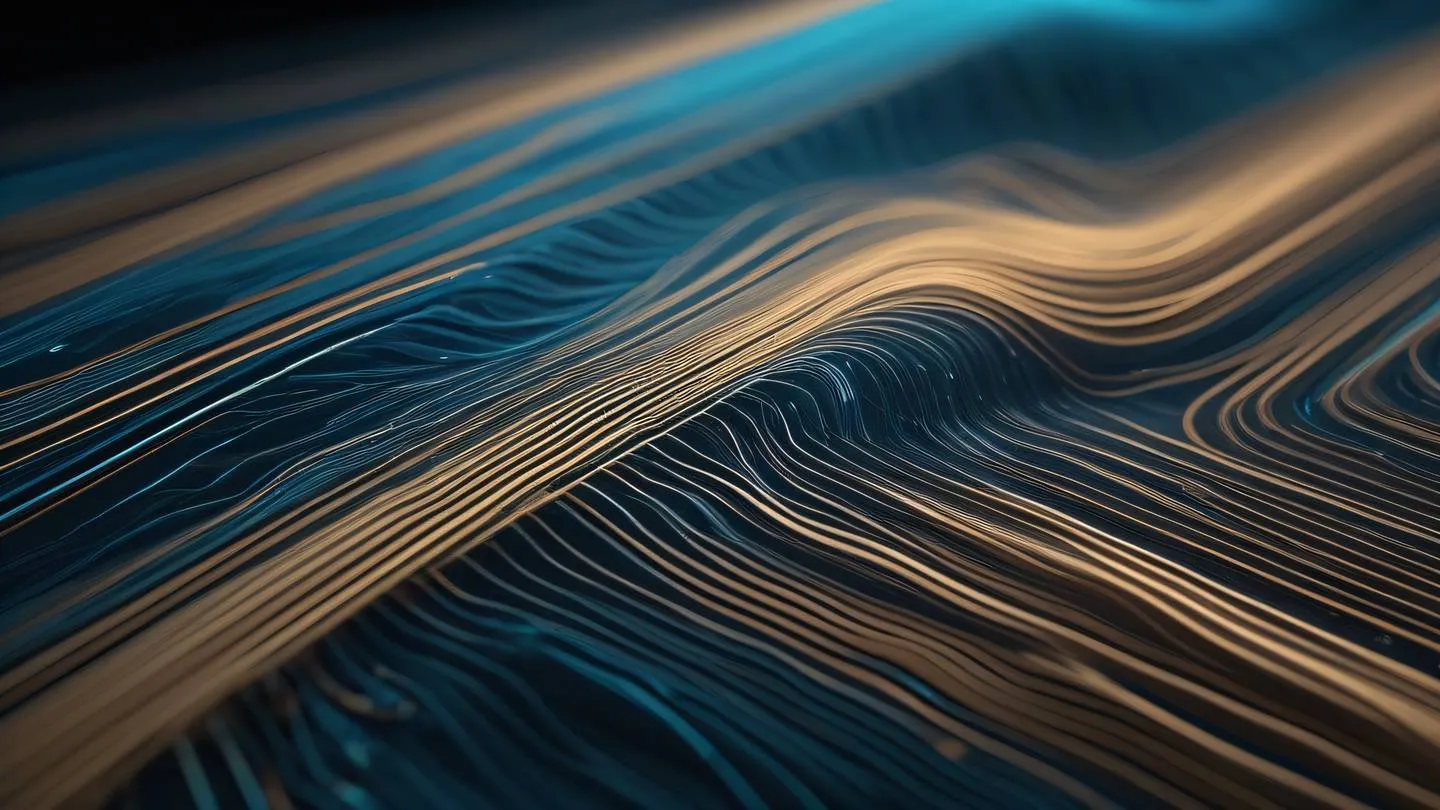 Dynamic flowing patterns representing data transmission with natural earth tones and blue accents viewed from a diagonal perspective high-quality ultra-realistic cinematic 8K UHD high resolution sharp and detail