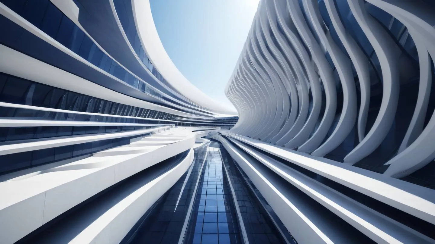 Abstract architectural forms with straight lines and curves featuring indigo and white colors creating a sense of depth and movement captured from a wide-angle perspective high-quality ultra-realistic cinematic 8K UHD high resolution sharp and detail