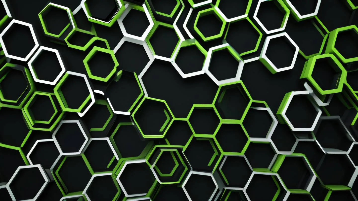 A modern sleek tech-inspired geometric pattern with interlocking hexagons and flowing lines rendered in bright lime green and white colors against a dark background. Shot from top-down perspective ultra-realistic cinematic 8K UHD high resolution sharp and detailed