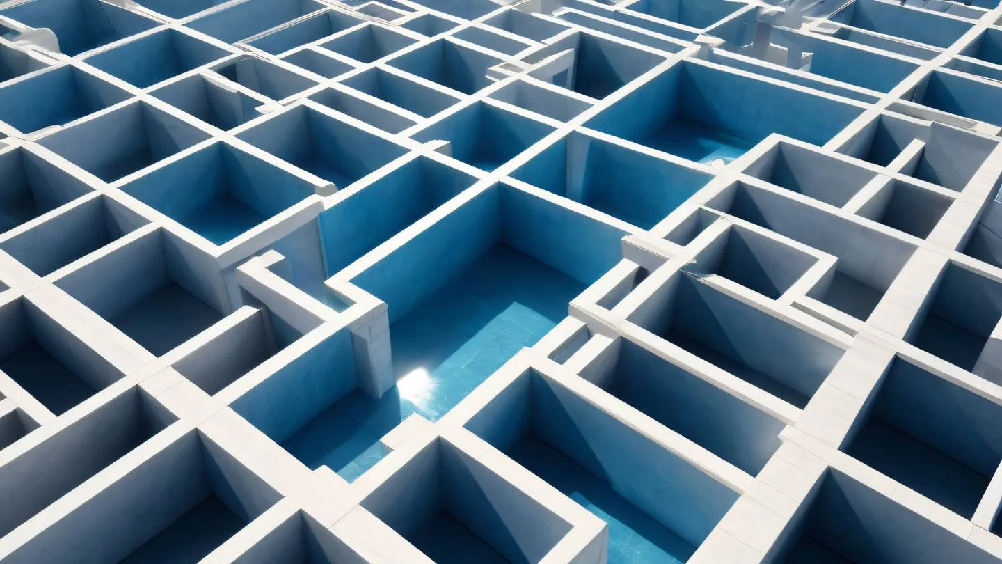 Elegant architectural maze structure with interconnected pathways featuring bright blue glass and white concrete elements. Captured from a diagonal aerial view sunlight creating dynamic shadows high-quality ultra-realistic cinematic 8K UHD high resolution sharp and detail