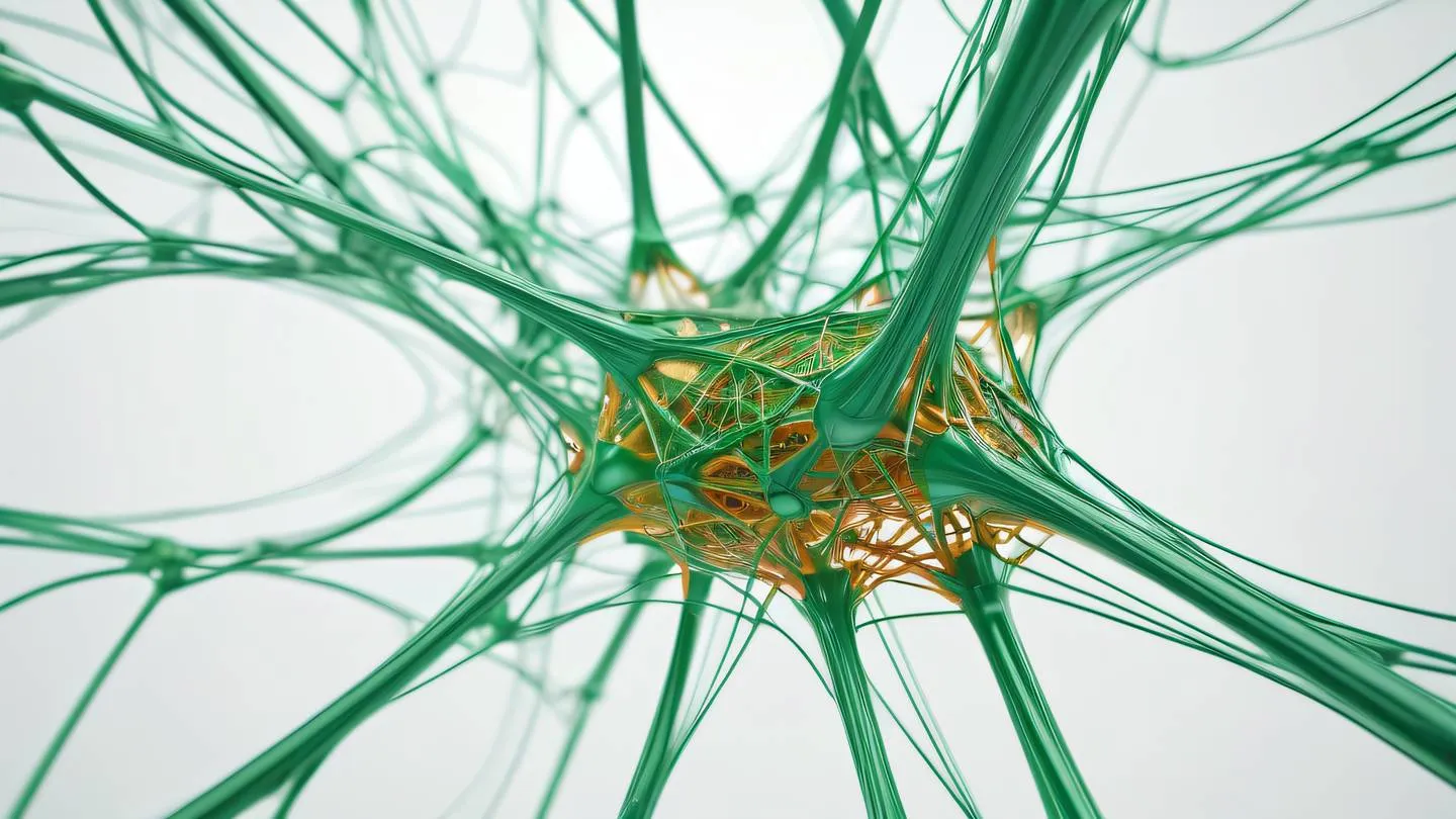 Abstract flowing network of interconnected nodes and paths rendered in bright emerald green and orange colors against white background. Photographed from a low angle perspective highlighting depth and dimension high-quality ultra-realistic cinematic 8K UHD high resolution sharp and detail