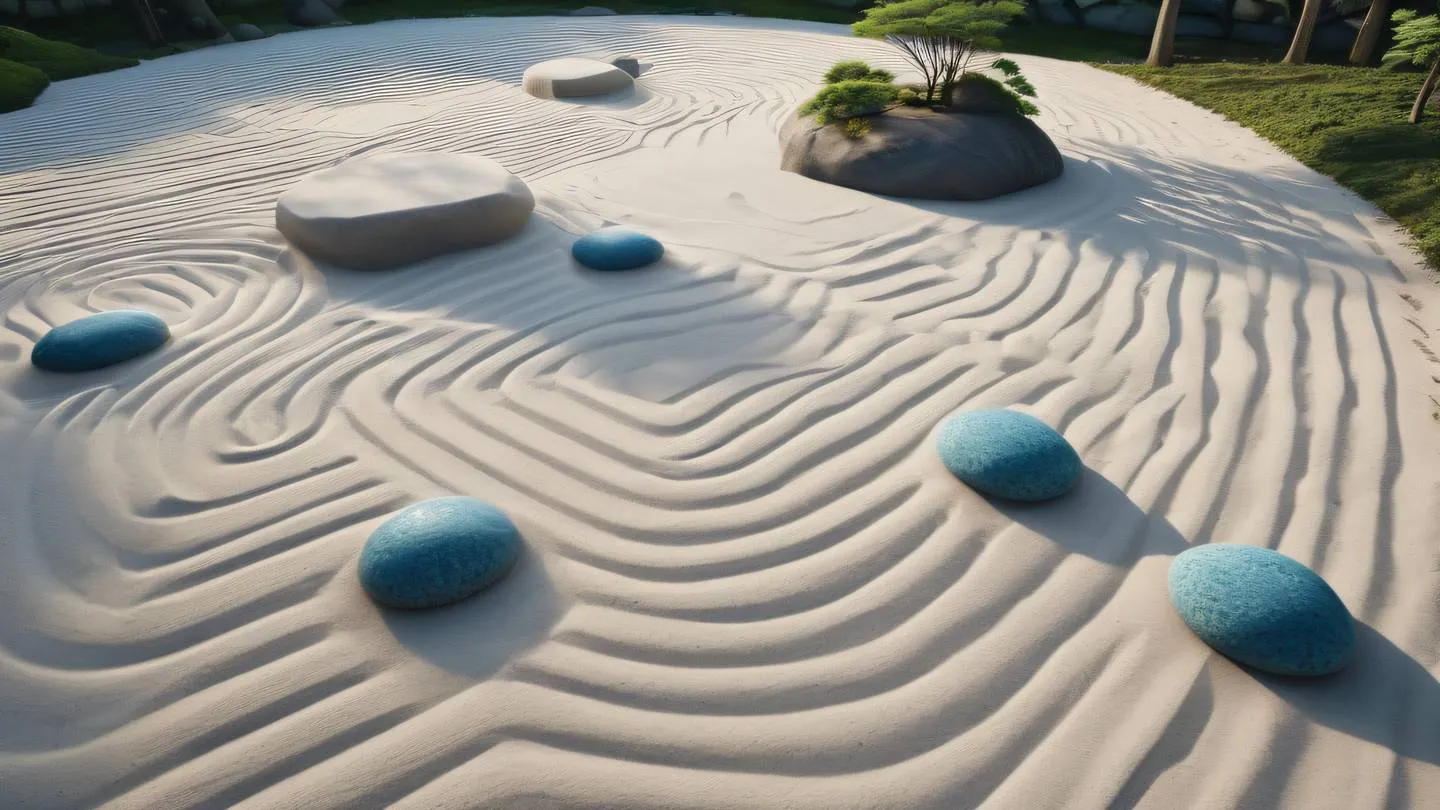 Serene Japanese zen garden with geometric patterns in white sand featuring clean lines and minimalist design elements in bright gem blue stones. Captured from a 45-degree elevated angle morning light casting subtle shadows high-quality ultra-realistic cinematic 8K UHD high resolution sharp and detail