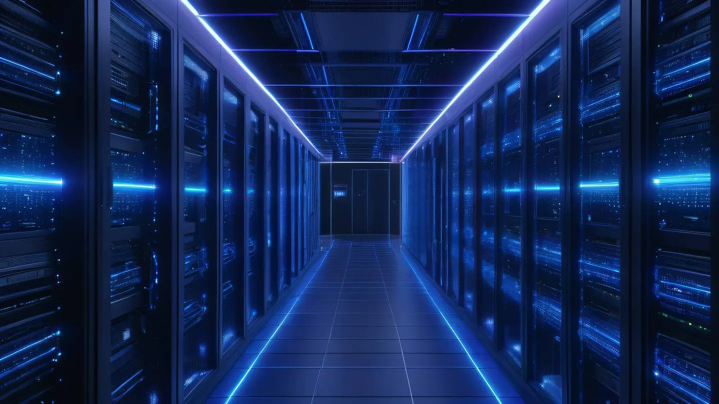 A futuristic server room visualization with glowing neon blue and purple network connections floating digital particles ultra-realistic cinematic 8K UHD high resolution sharp and detail