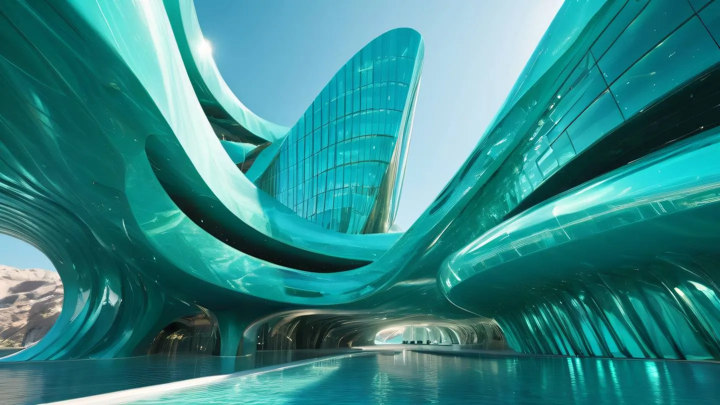 Modern abstract architecture with sweeping curves and gem-like crystalline structures in turquoise and emerald colors bathed in bright sunlight high-quality ultra-realistic cinematic 8K UHD high resolution sharp and detail