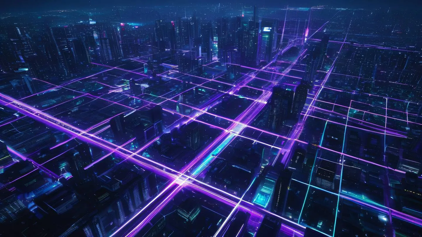 Aerial view of a digital city grid with neon purple and cyan light trails flowing through abstract geometric patterns high-quality ultra-realistic cinematic 8K UHD high resolution sharp and detail