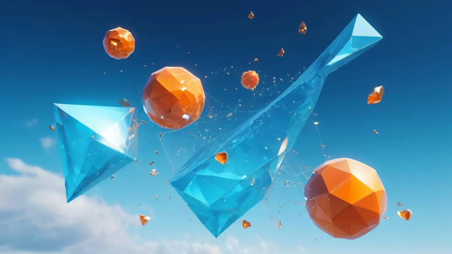 Abstract geometric shapes forming debugging symbols in bright sky blue and orange gradient colors with flowing crystal-like structures and mathematical patterns floating in space high-quality ultra-realistic cinematic 8K UHD high resolution sharp and detail