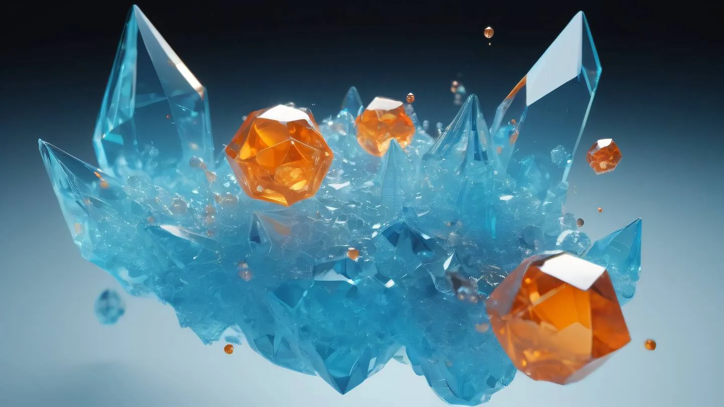 Floating geometric crystal formations in orange and sky blue colors representing data flow and debugging patterns with translucent layers and sharp edges high-quality ultra-realistic cinematic 8K UHD high resolution sharp and detail