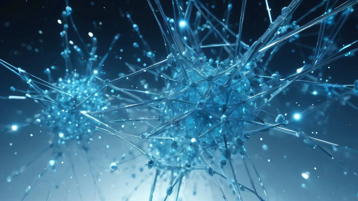 Abstract network of interconnected crystal nodes glowing in bright sky blue and gray colors floating in space with particle effects high-quality ultra-realistic cinematic 8K UHD high resolution sharp and detail