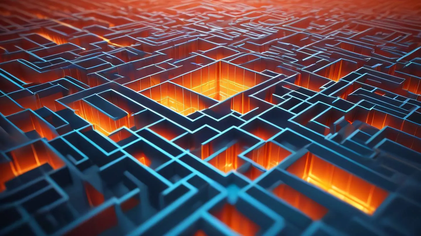 Crystalline maze structure with flowing energy patterns in bright orange and sky blue gradients representing debugging pathways with geometric shapes and light rays high-quality ultra-realistic cinematic 8K UHD high resolution sharp and detail